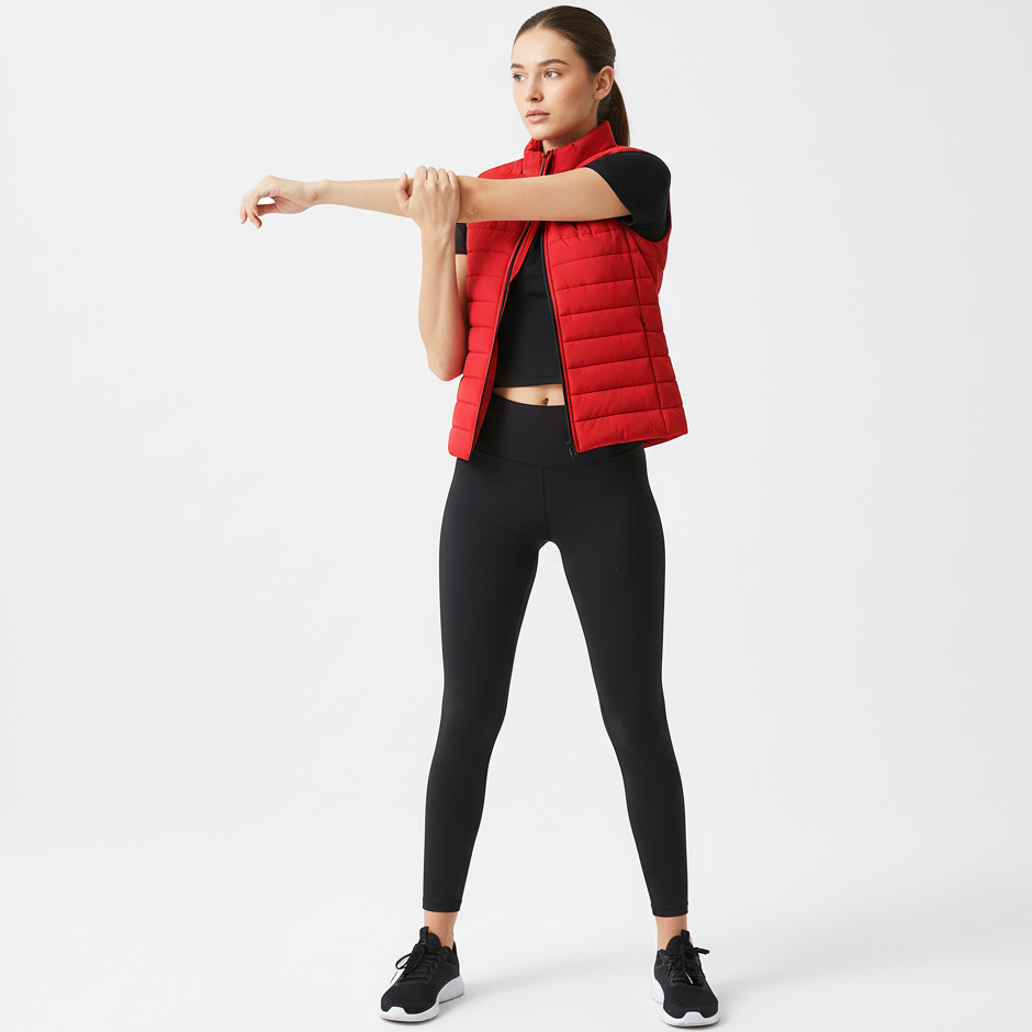Woman wearing a red puffer vest over a black top and leggings on a white background